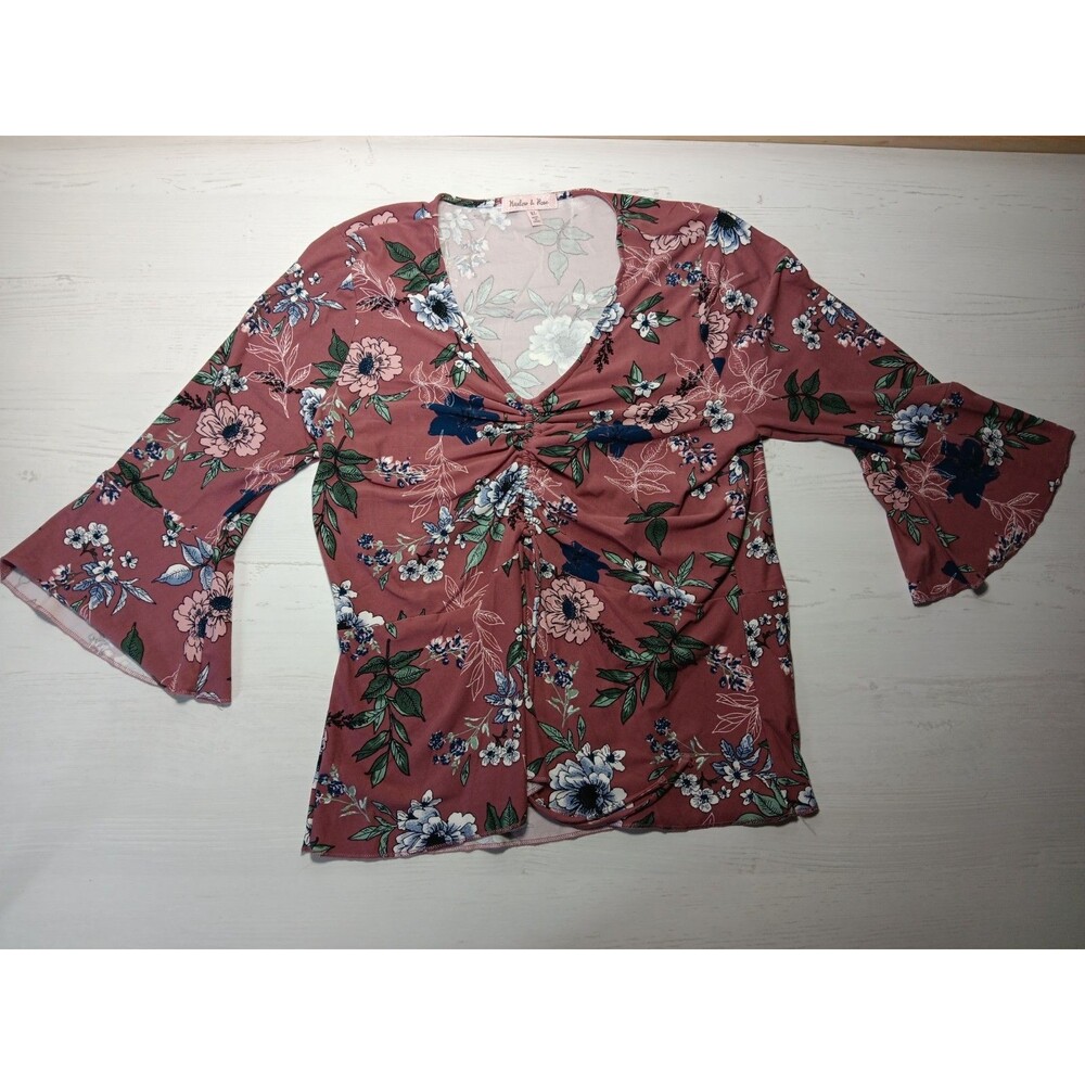 HARLOW & ROSE Floral 3/4 Sleeve  V-neck Blouse XL